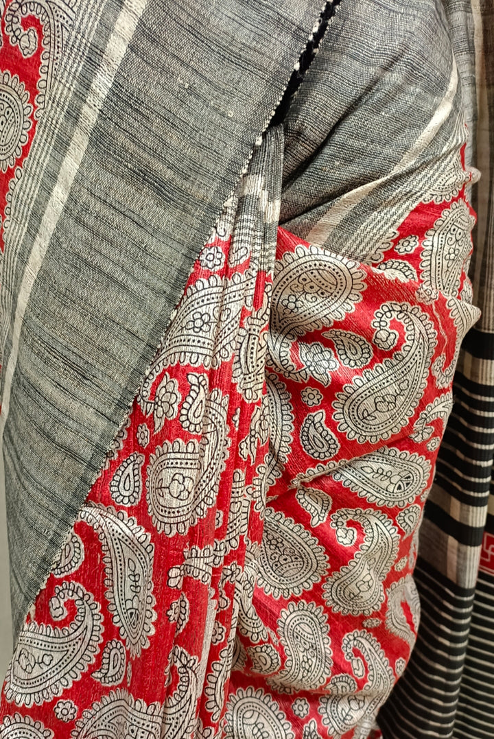 Red & Black Handloom Ghicha Tussar Silk Print Saree Balaram Saha