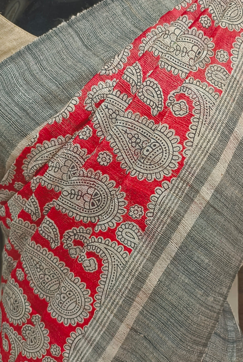 Red & Black Handloom Ghicha Tussar Silk Print Saree Balaram Saha