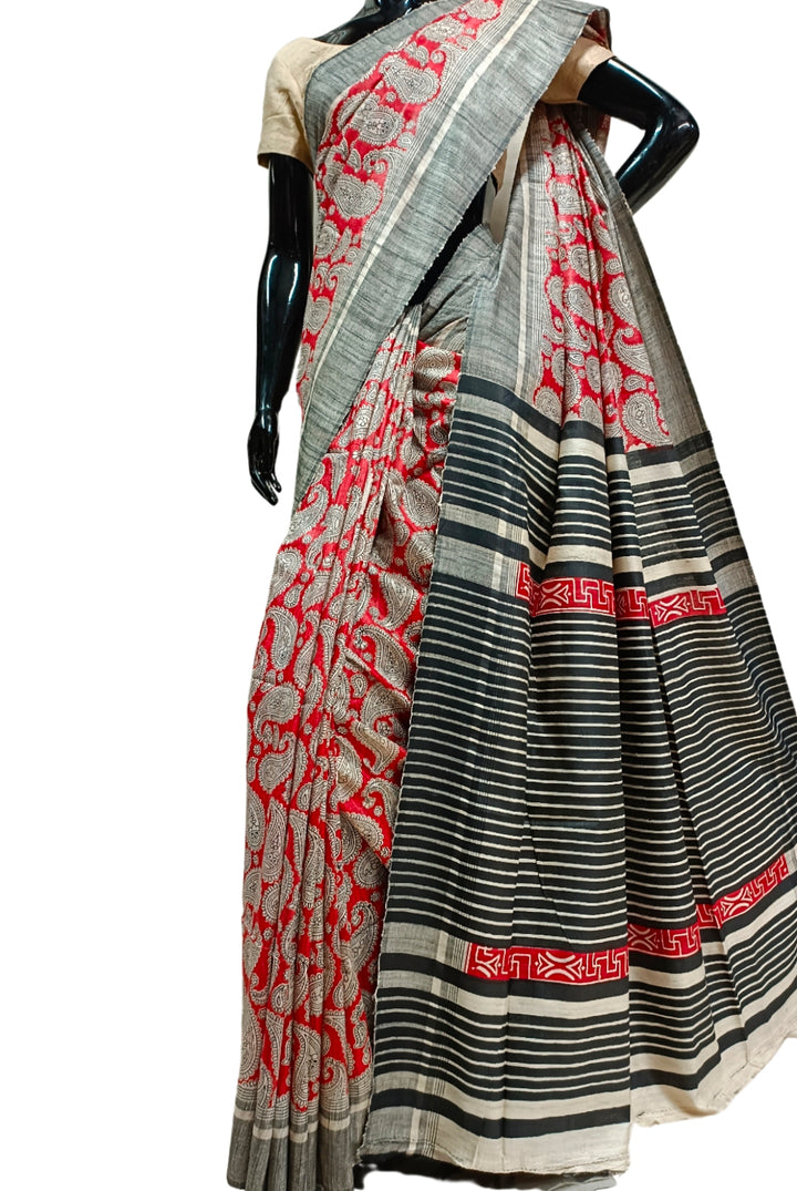 Red & Black Handloom Ghicha Tussar Silk Print Saree Balaram Saha