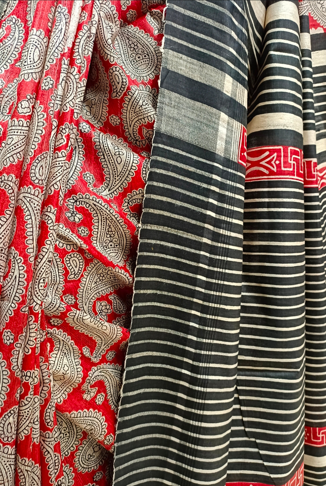 Red & Black Handloom Ghicha Tussar Silk Print Saree Balaram Saha