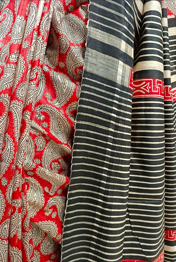 Red & Black Handloom Ghicha Tussar Silk Print Saree Balaram Saha