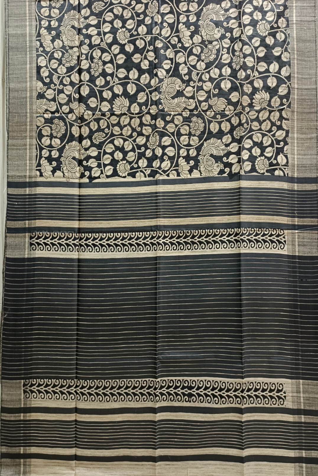 Beige & Black Handloom GhichaTussar Silk Printed Saree Balaram Saha