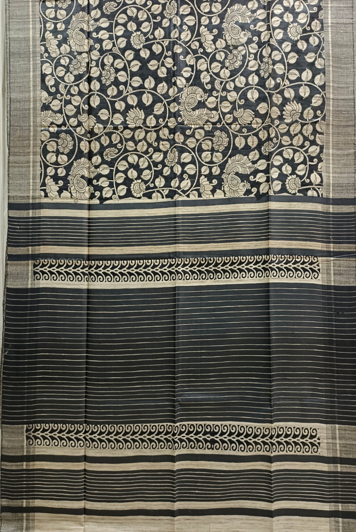 Beige & Black Handloom GhichaTussar Silk Printed Saree Balaram Saha