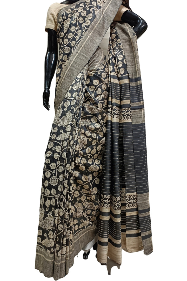 Beige & Black Handloom GhichaTussar Silk Printed Saree Balaram Saha
