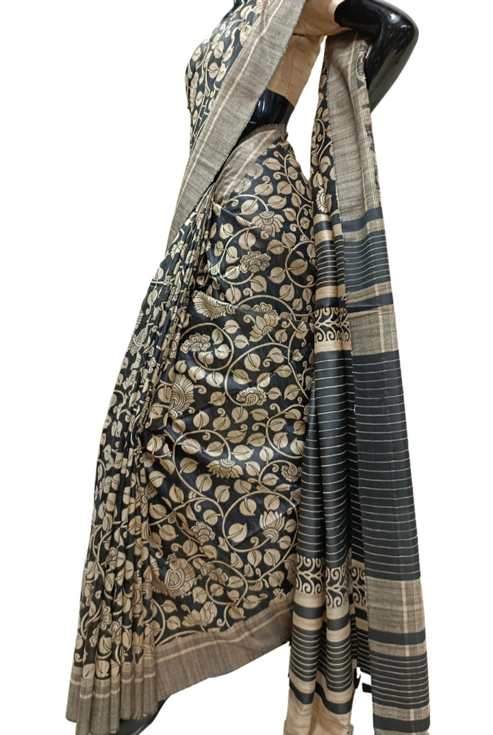Beige & Black Handloom GhichaTussar Silk Printed Saree Balaram Saha