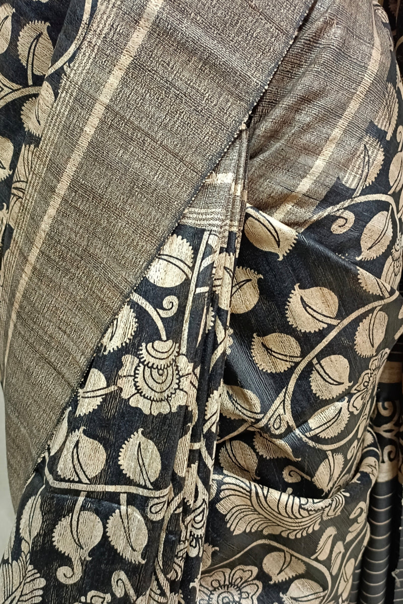Beige & Black Handloom GhichaTussar Silk Printed Saree Balaram Saha