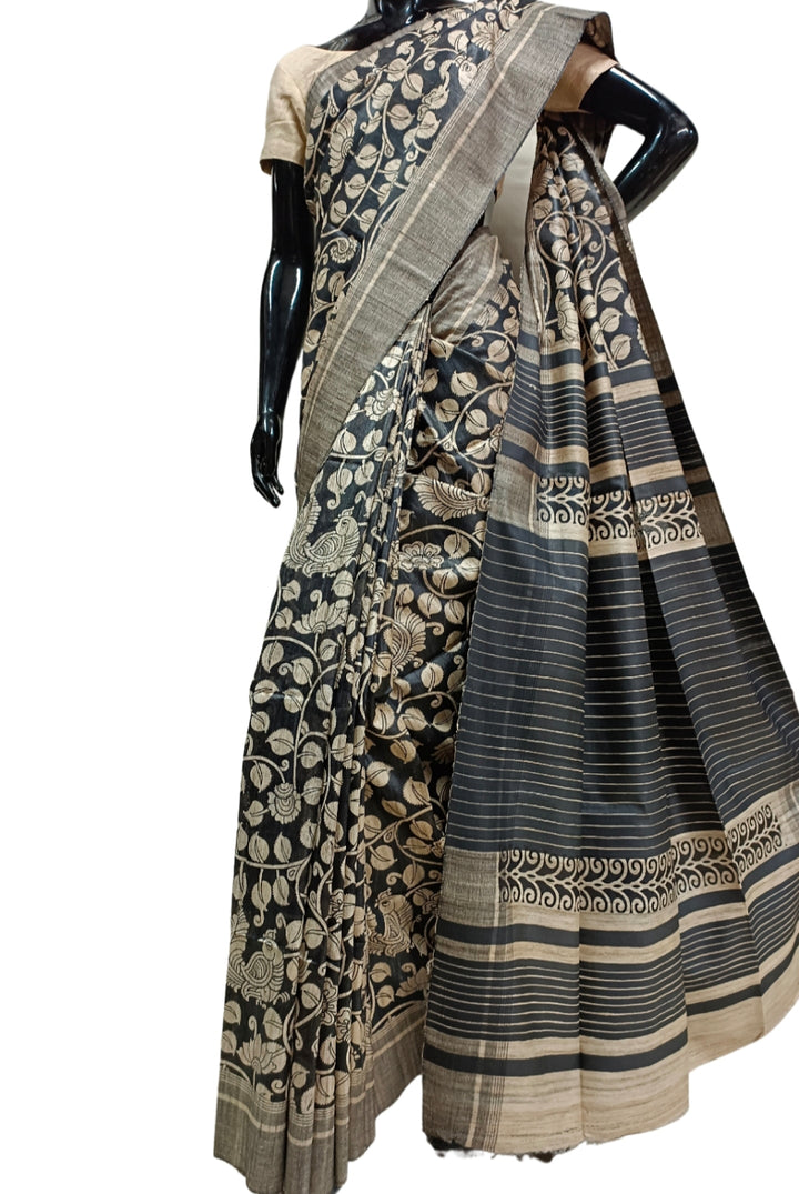 Beige & Black Handloom GhichaTussar Silk Printed Saree Balaram Saha