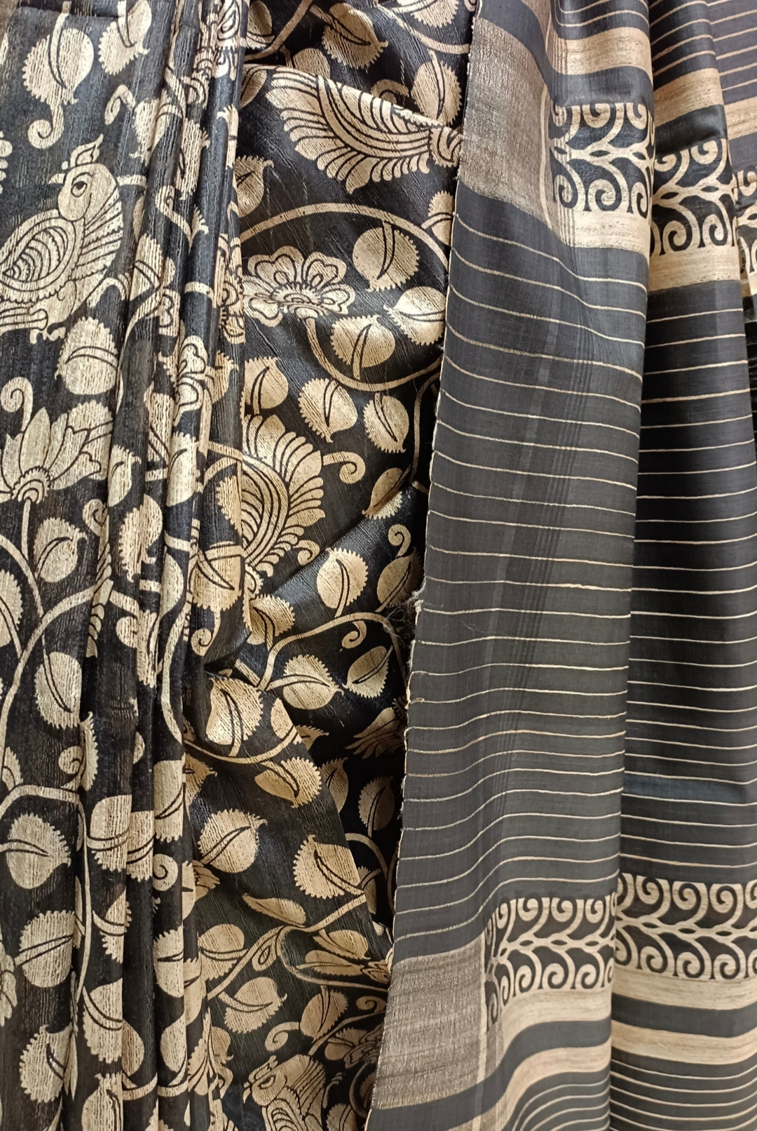 Beige & Black Handloom GhichaTussar Silk Printed Saree Balaram Saha