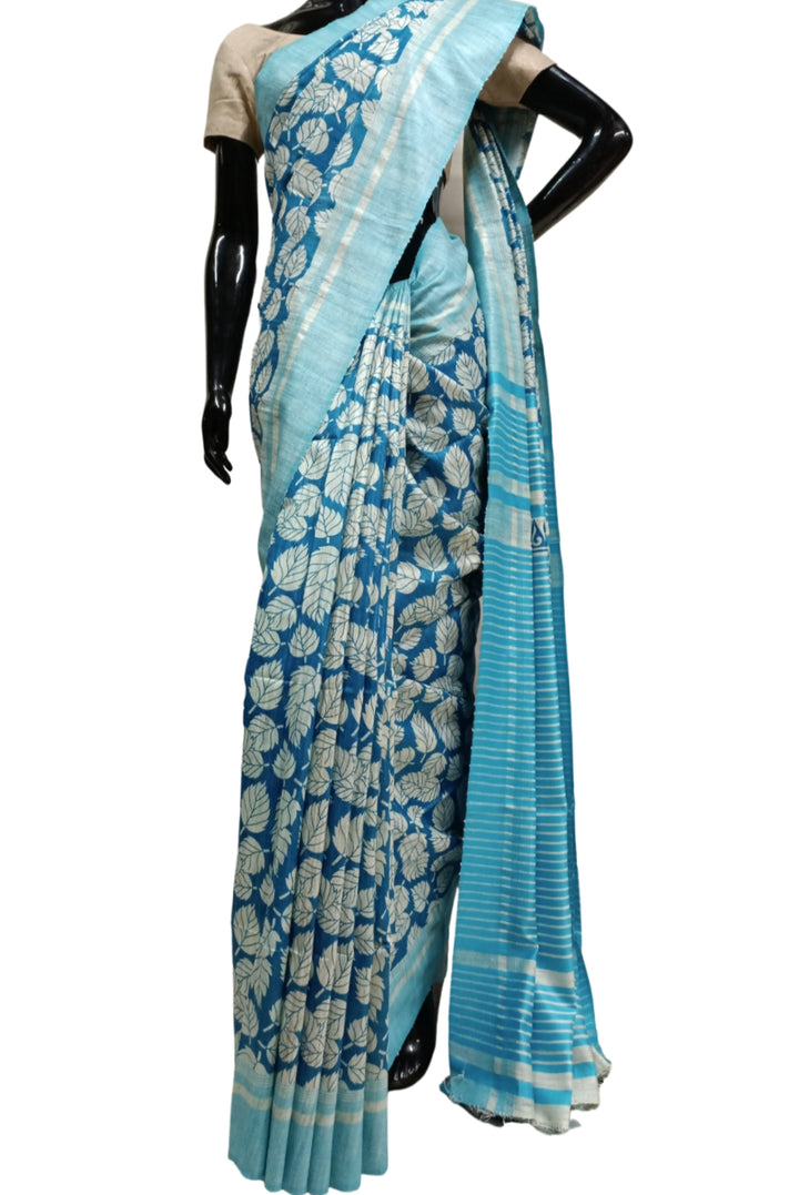 Beige & Blue Handloom Ghicha Tussar Silk Printed Saree Balaram Saha