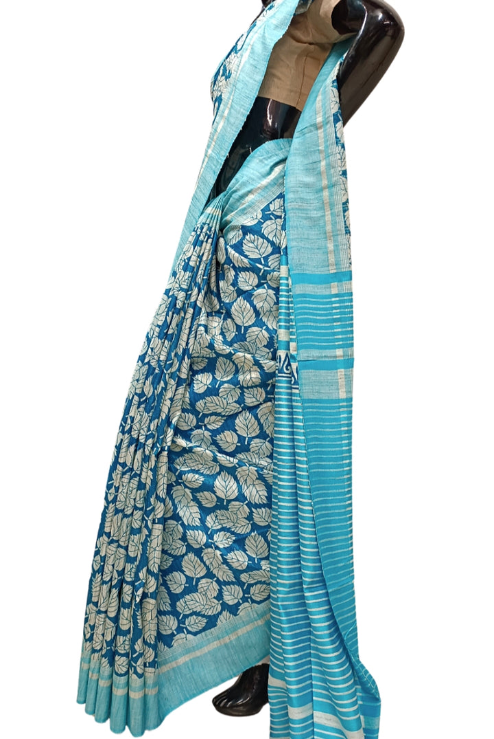 Beige & Blue Handloom Ghicha Tussar Silk Printed Saree Balaram Saha