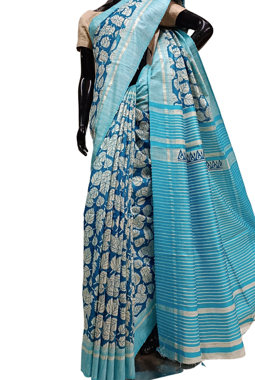 Beige & Blue Handloom Ghicha Tussar Silk Printed Saree Balaram Saha