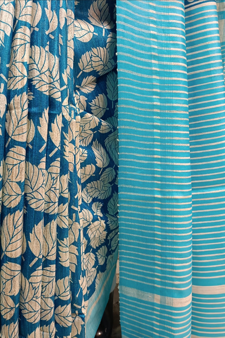 Beige & Blue Handloom Ghicha Tussar Silk Printed Saree Balaram Saha