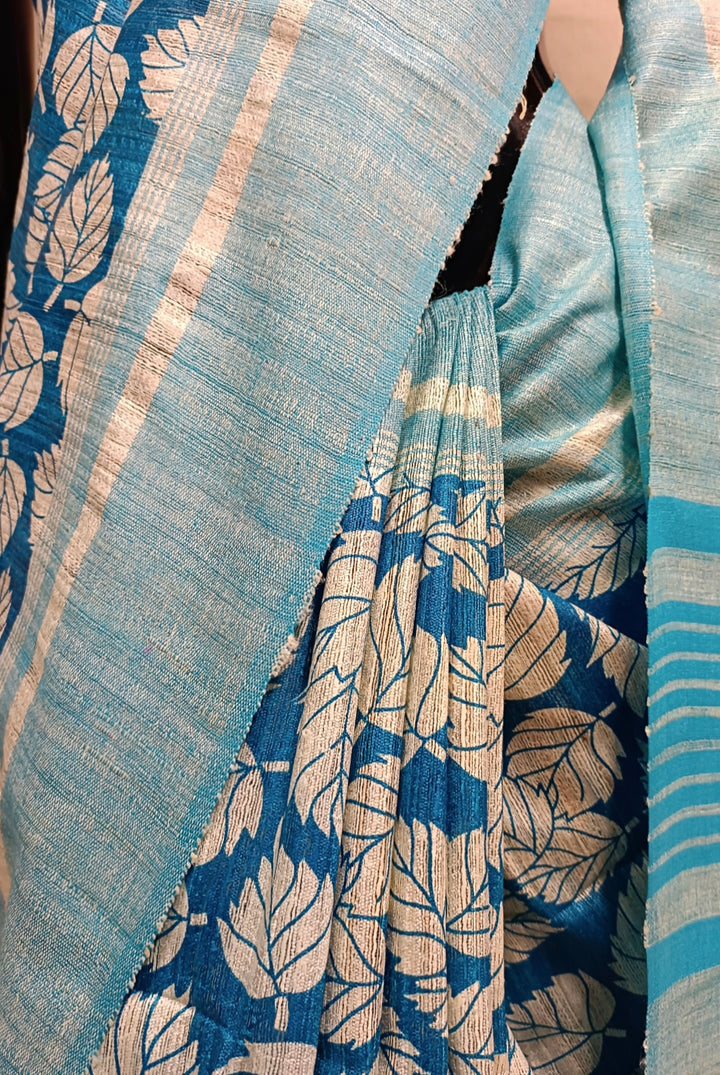 Beige & Blue Handloom Ghicha Tussar Silk Printed Saree Balaram Saha