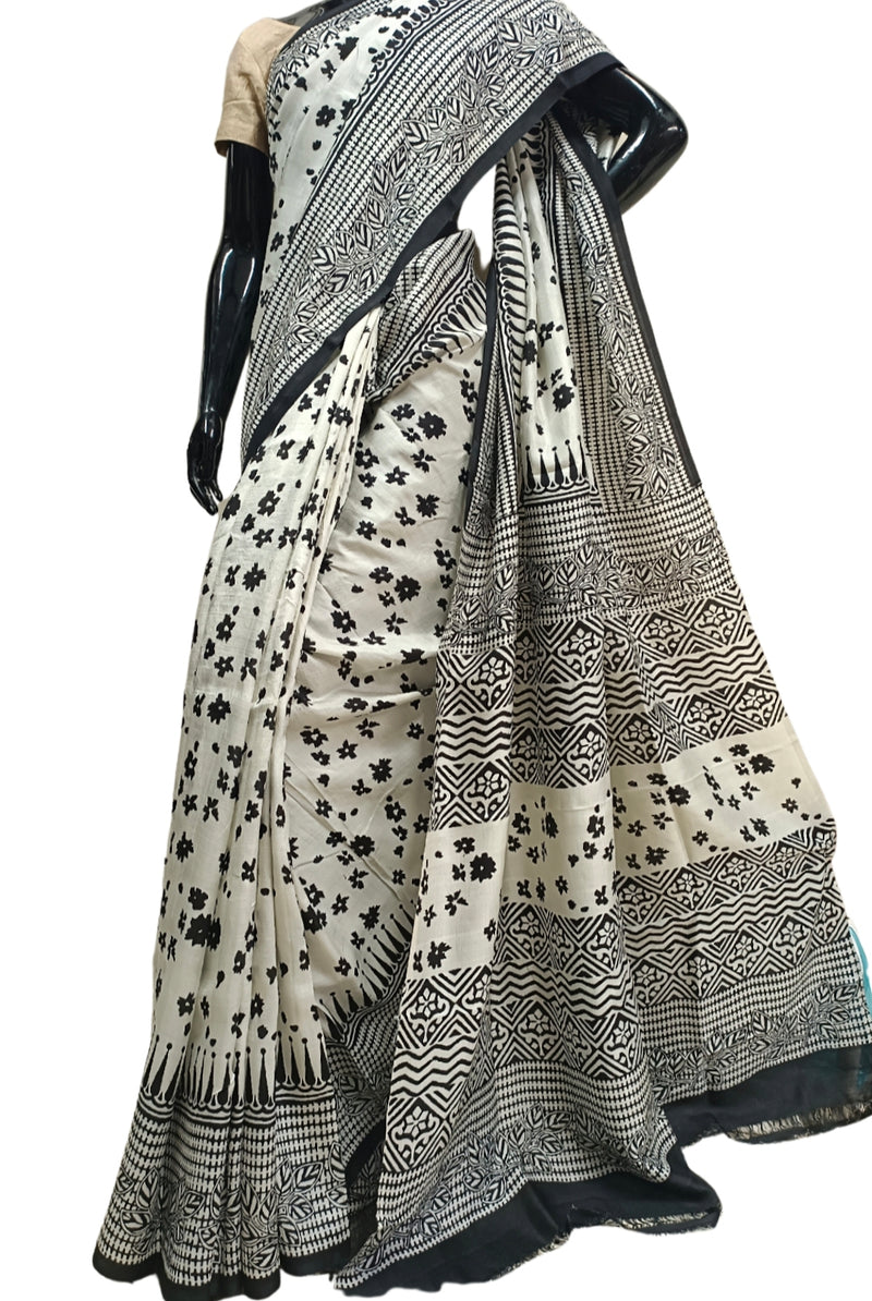 White & Black  Pure Bengal Silk With Handblock Print Saree Balaram Saha