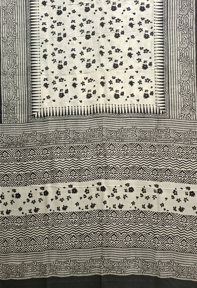 White & Black  Pure Bengal Silk With Handblock Print Saree Balaram Saha
