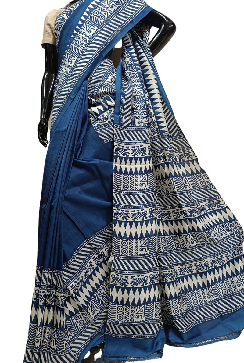 Blue & White Pure Bengal Silk With Handblock Print Saree Balaram Saha