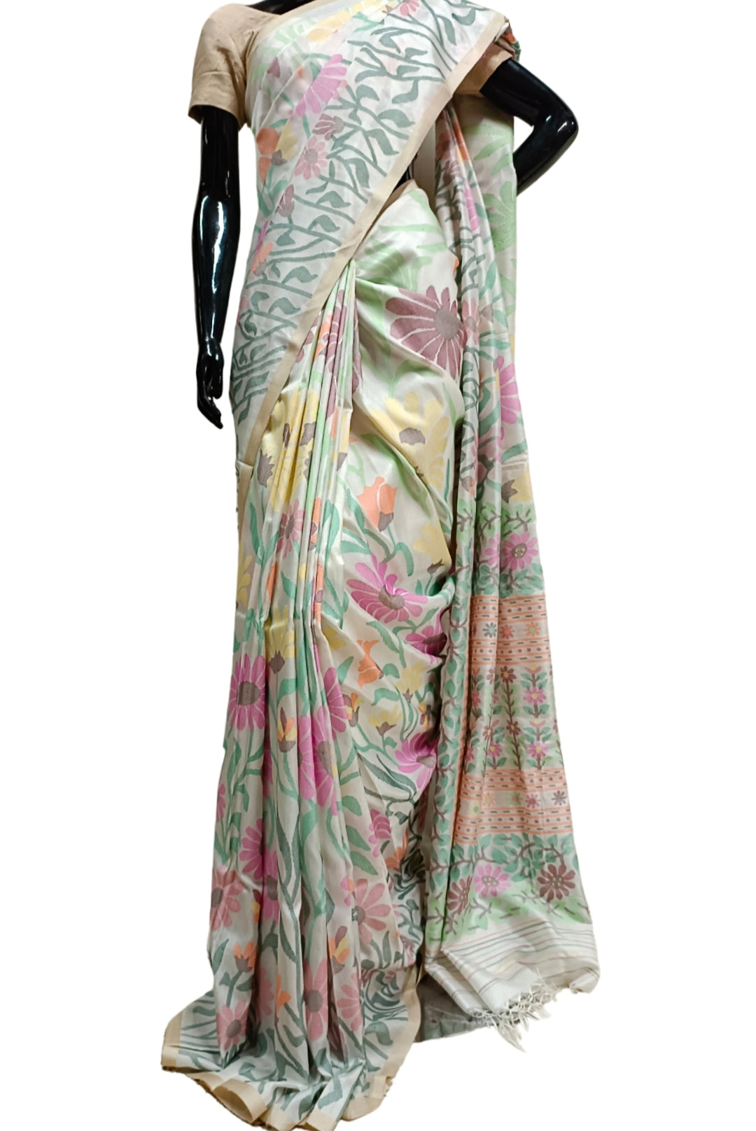 Off-White & Multi Coloured Fine Quality Katan Silk Saree Balaram Saha