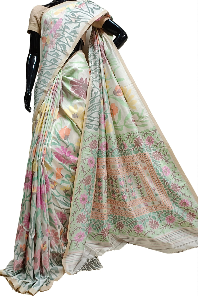Off-White & Multi Coloured Fine Quality Katan Silk Saree Balaram Saha