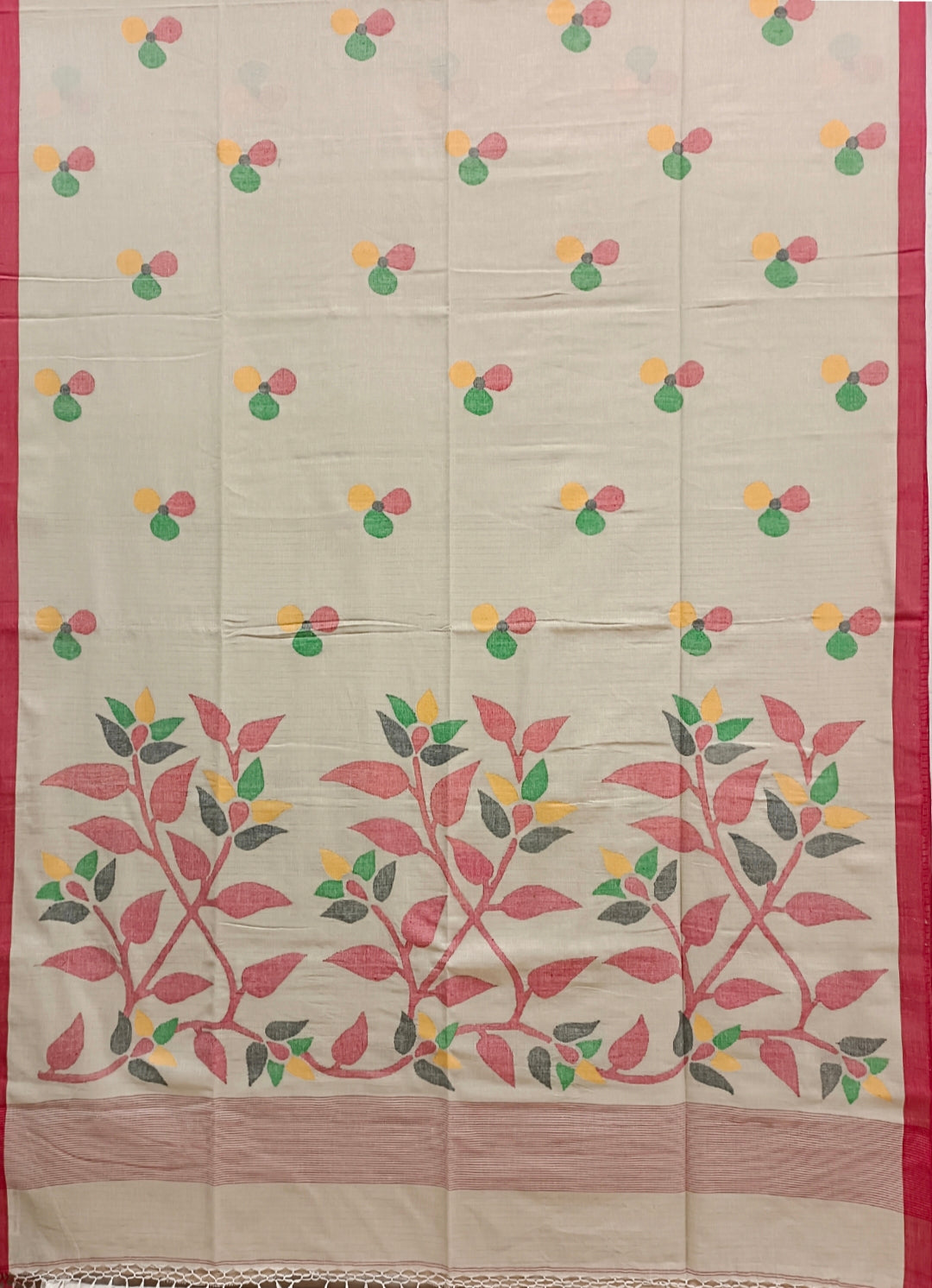 Beige & Red Soft Cotton Handwoven Dhakai Jamdani Saree Balaram Saha