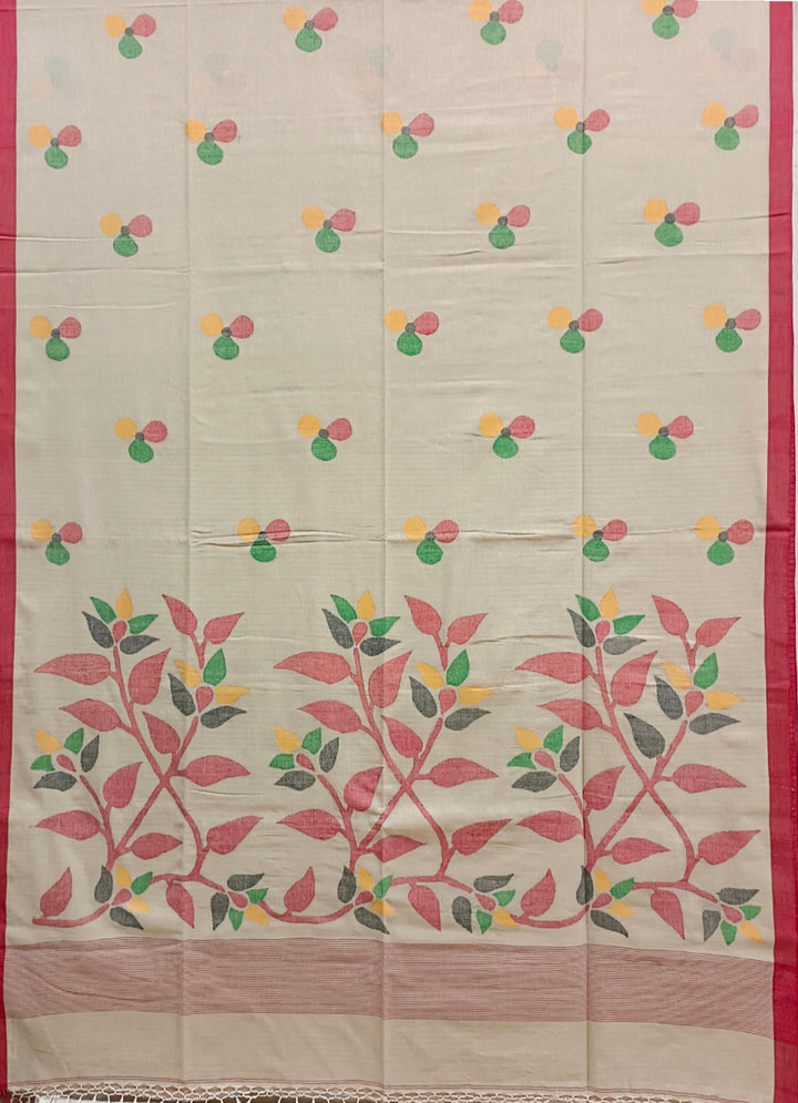 Beige & Red Soft Cotton Handwoven Dhakai Jamdani Saree Balaram Saha