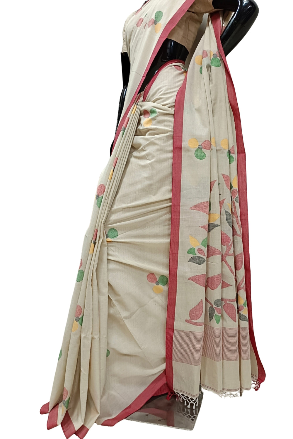 Beige & Red Soft Cotton Handwoven Dhakai Jamdani Saree Balaram Saha