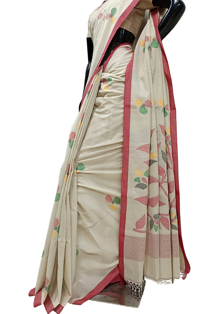 Beige & Red Soft Cotton Handwoven Dhakai Jamdani Saree Balaram Saha