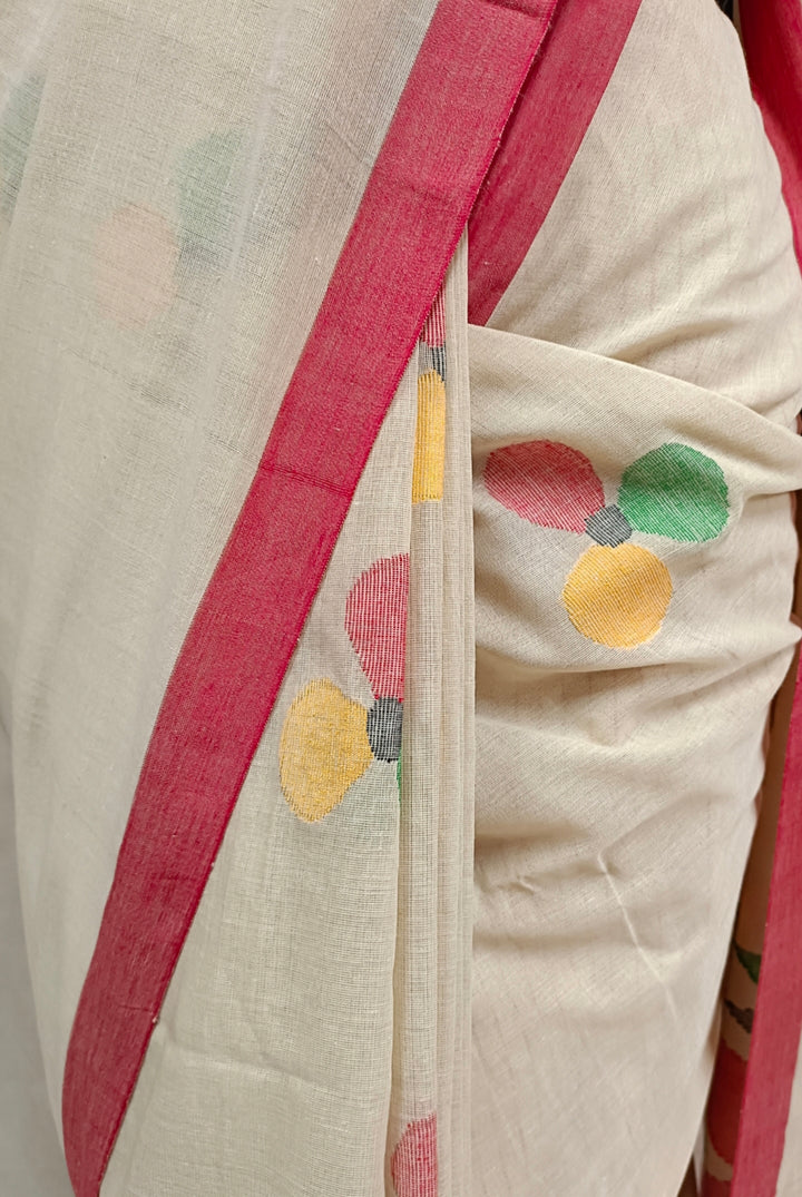 Beige & Red Soft Cotton Handwoven Dhakai Jamdani Saree Balaram Saha