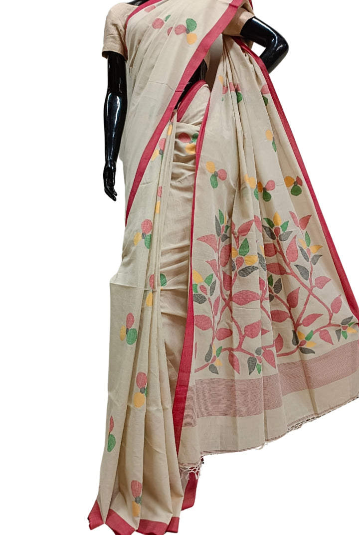 Beige & Red Soft Cotton Handwoven Dhakai Jamdani Saree Balaram Saha