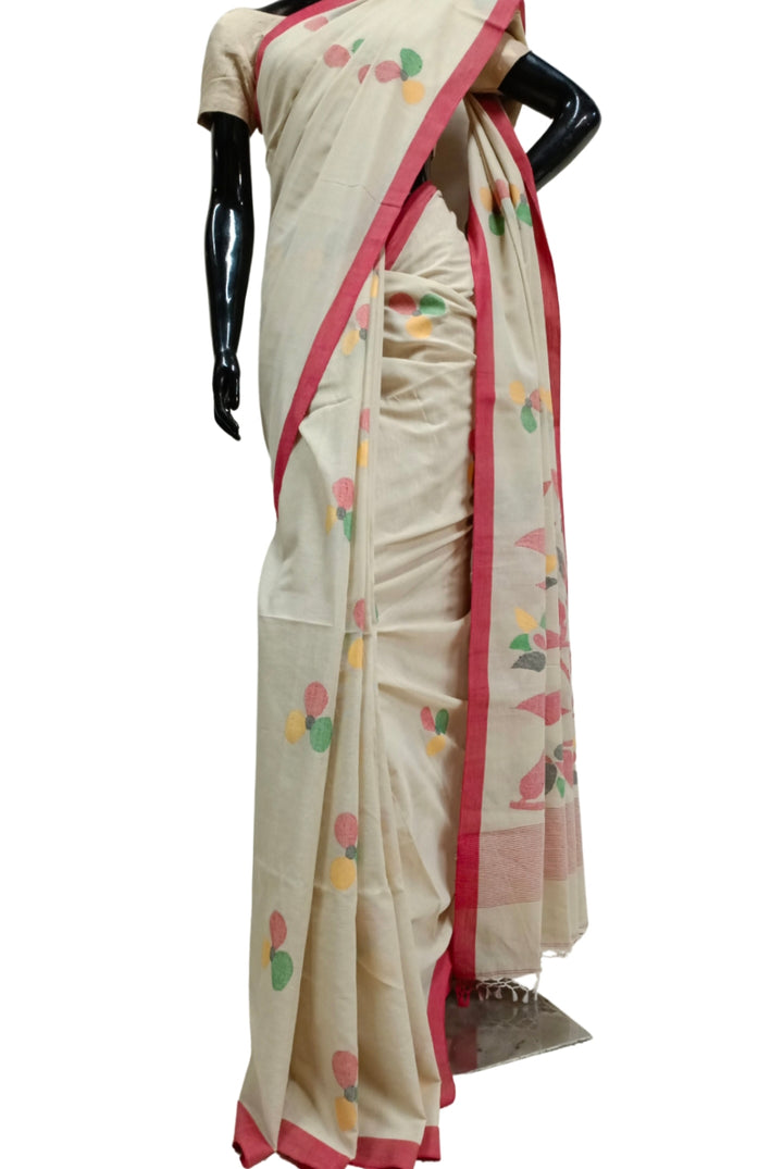 Beige & Red Soft Cotton Handwoven Dhakai Jamdani Saree Balaram Saha