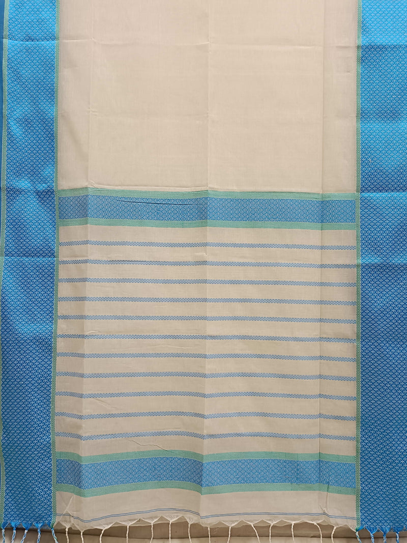 Off-White Soft Handloom Cotton Saree With Blue Border Balaram Saha