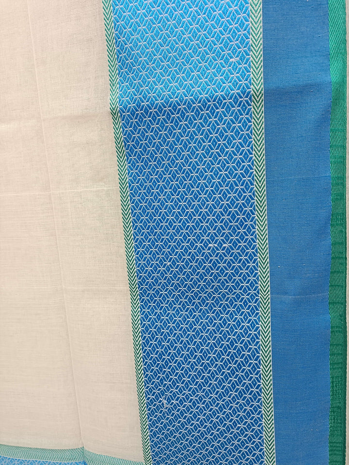Off-White Soft Handloom Cotton Saree With Blue Border Balaram Saha