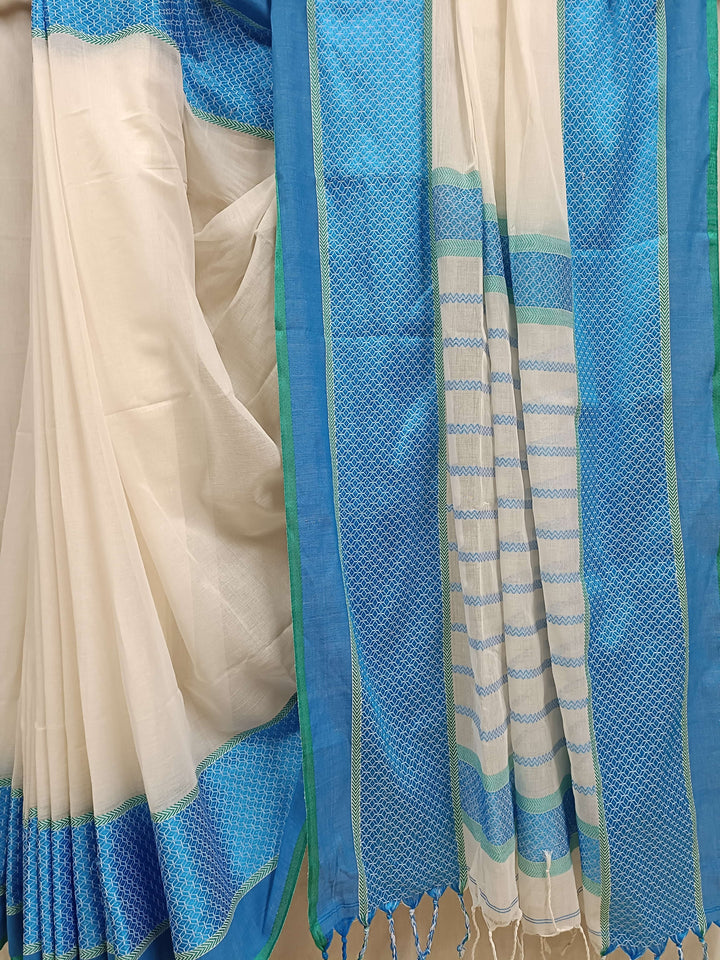Off-White Soft Handloom Cotton Saree With Blue Border Balaram Saha