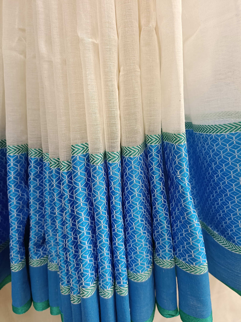 Off-White Soft Handloom Cotton Saree With Blue Border Balaram Saha