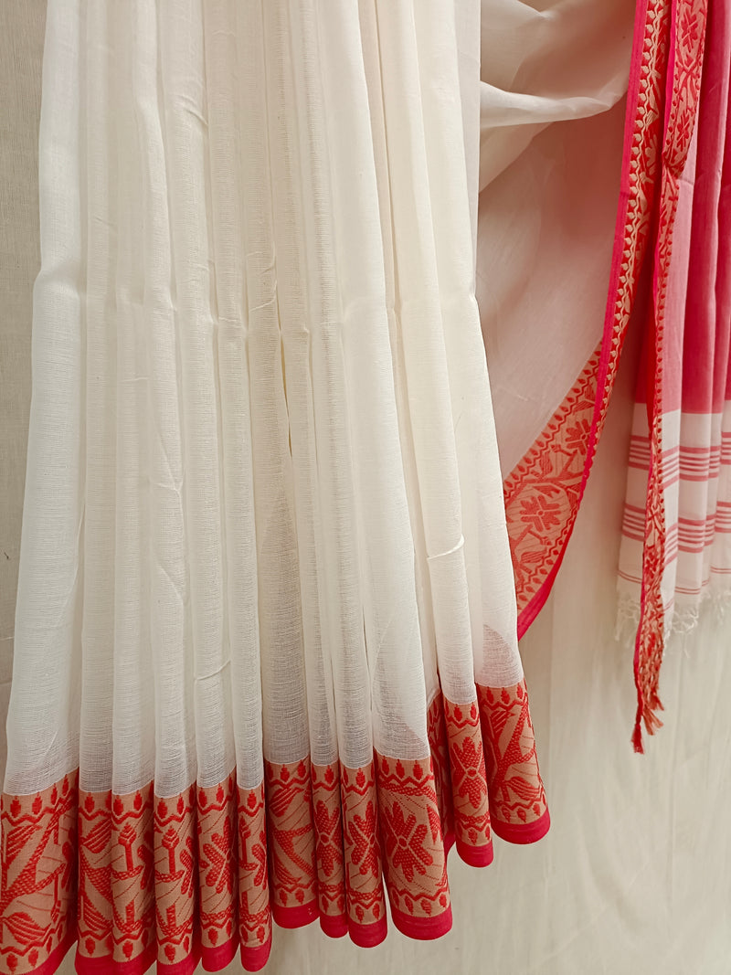 Off-Whit & Red Soft Premium Handloom Cotton Saree Balaram Saha