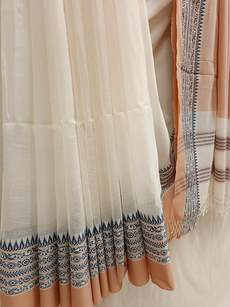 Off-White Beige & Blue Color Handloom Super Soft Cotton Saree Balaram Saha