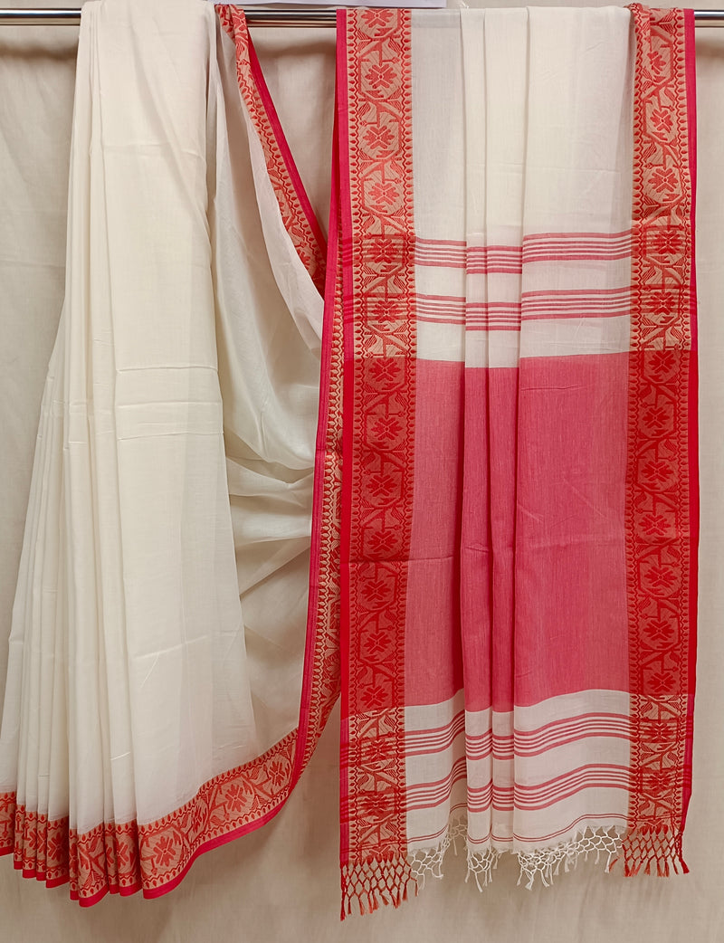 Handloom Soft Cotton Saree with Tassles, Plain Red, SR1026