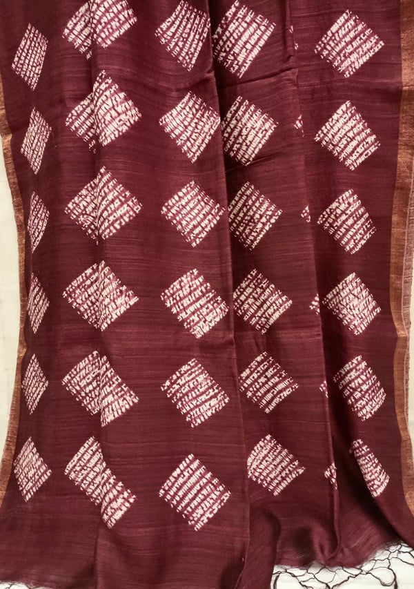 Matka Silk Shibori (Tye n Dye) Saree Plum & White Elegance from Balaram Saha