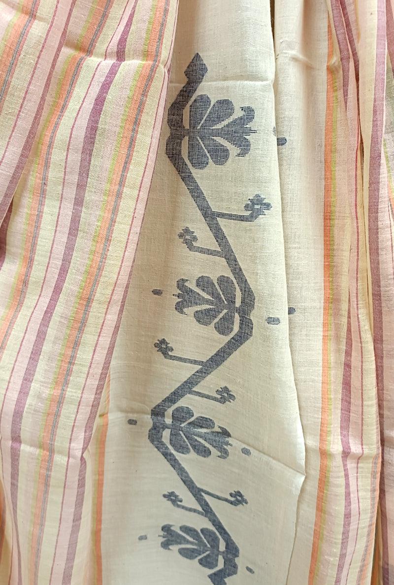 Off-White & Multicolor Soft handloom Cotton jamdani Stole Balaram Saha