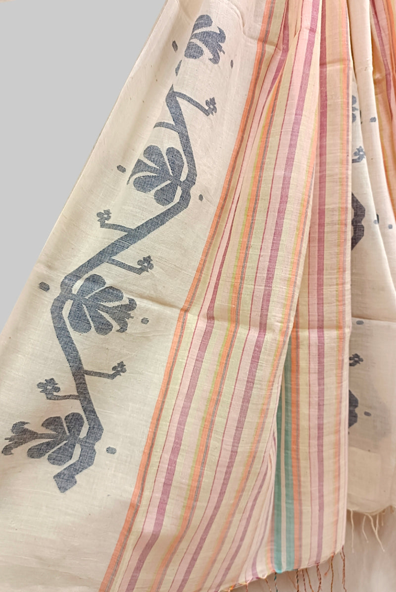 Off-White & Multicolor Soft handloom Cotton jamdani Stole Balaram Saha