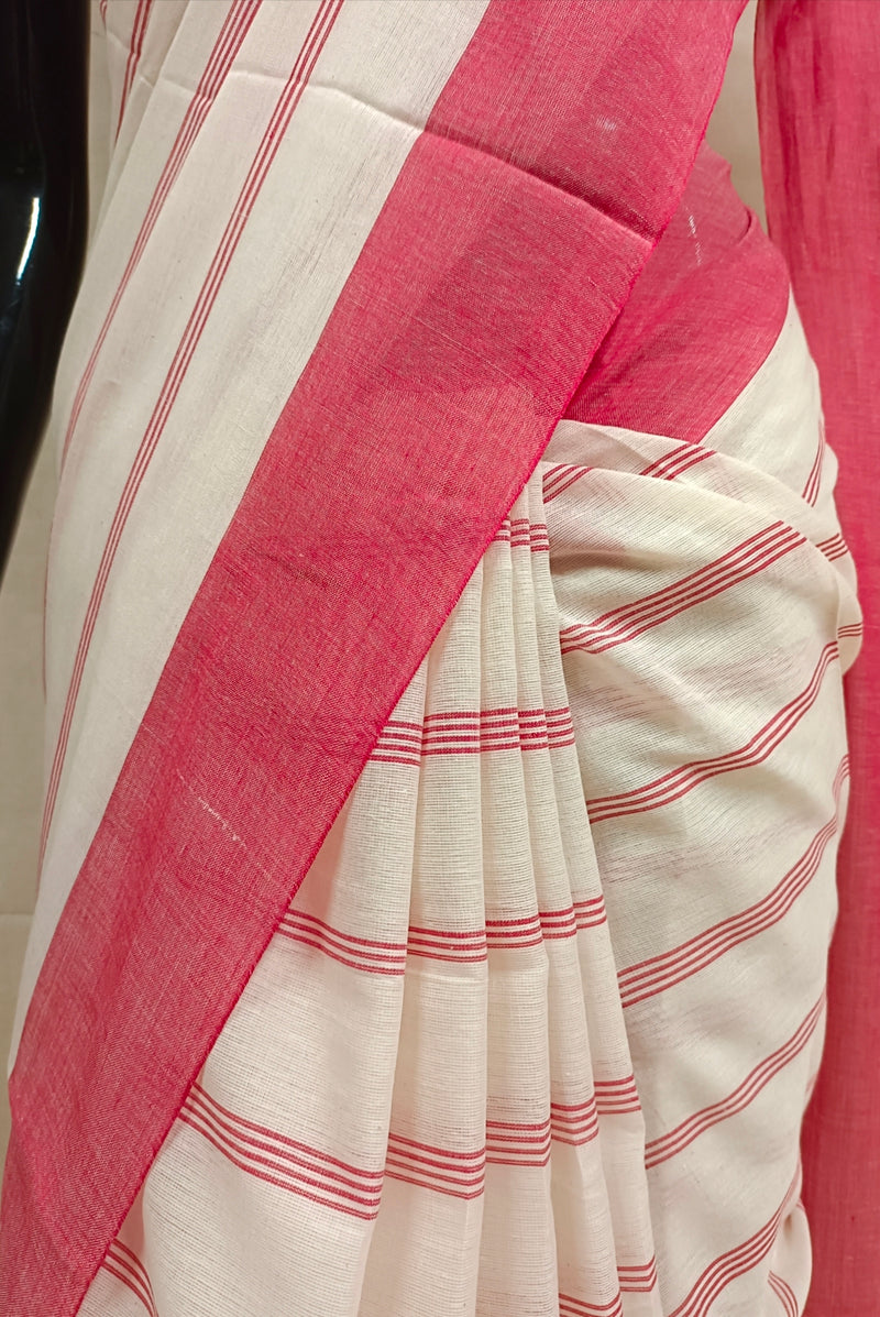 Off-White Soft Handloom traditional Dhonekali Stripes Cotton Saree Balaram Saha