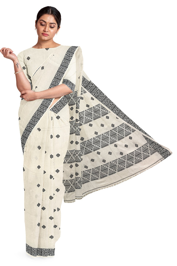 Off-White Soft Handloom Cotton Saree With Black Border Balaram Saha