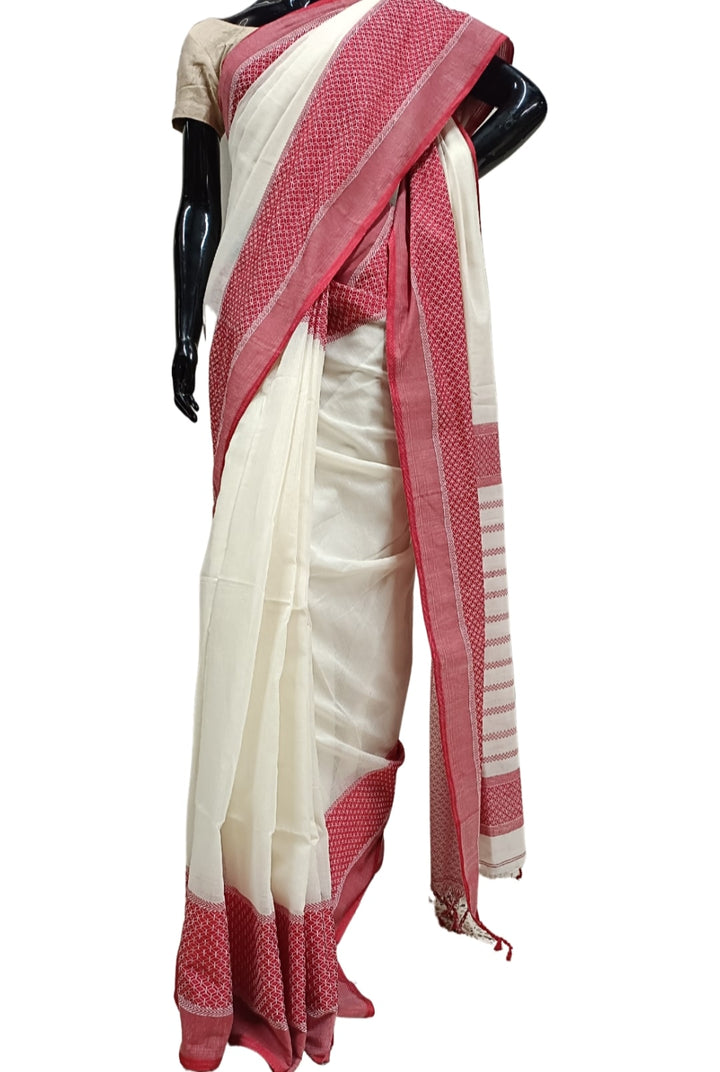 Off-White & Red Traditional Handloom Soft Cotton Saree Balaram Saha