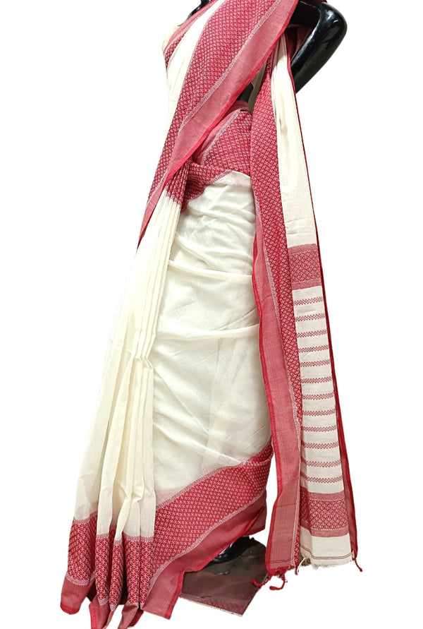 Off-White & Red Traditional Handloom Soft Cotton Saree Balaram Saha