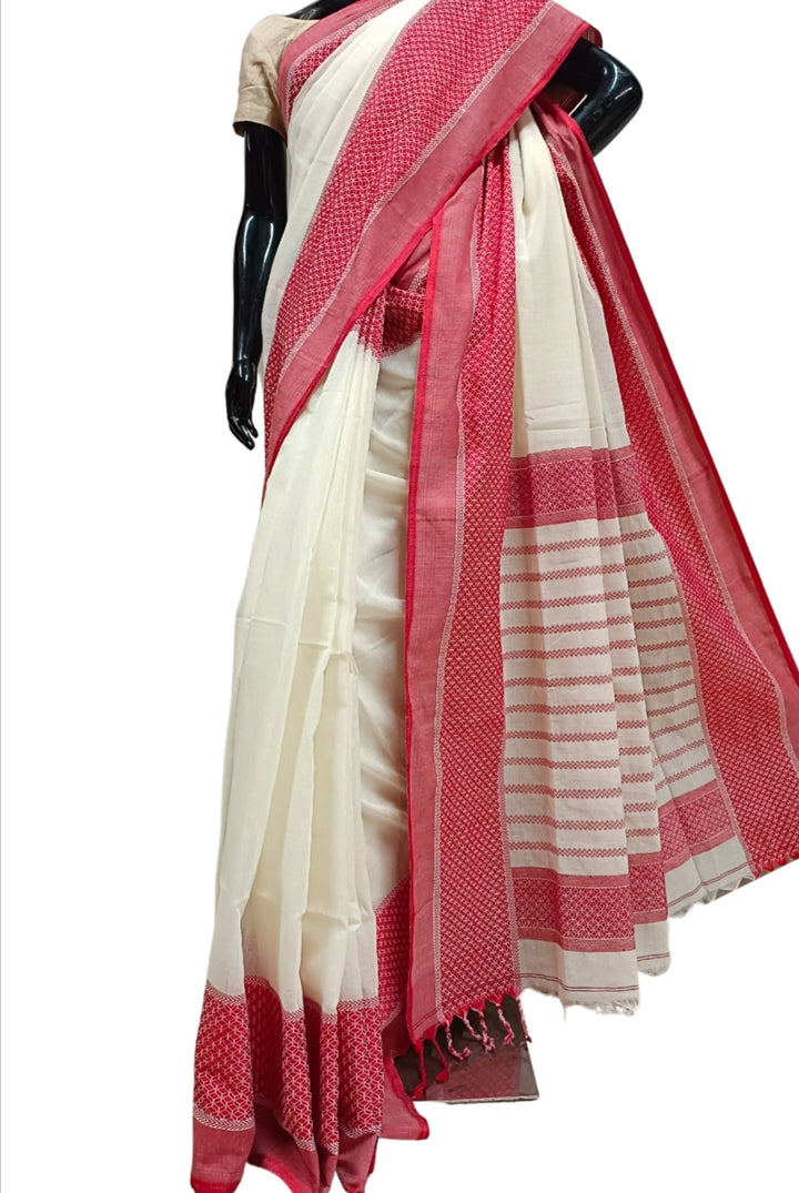 Off-White & Red Traditional Handloom Soft Cotton Saree Balaram Saha