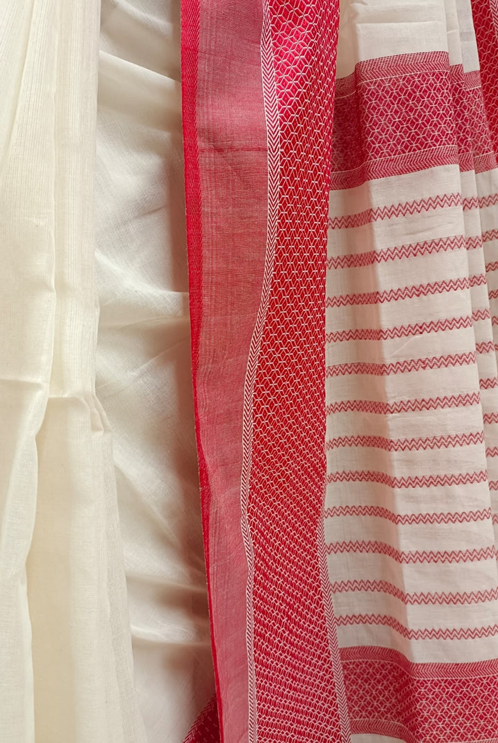 Off-White & Red Traditional Handloom Soft Cotton Saree Balaram Saha
