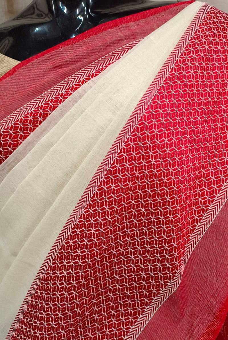 Off-White & Red Traditional Handloom Soft Cotton Saree Balaram Saha