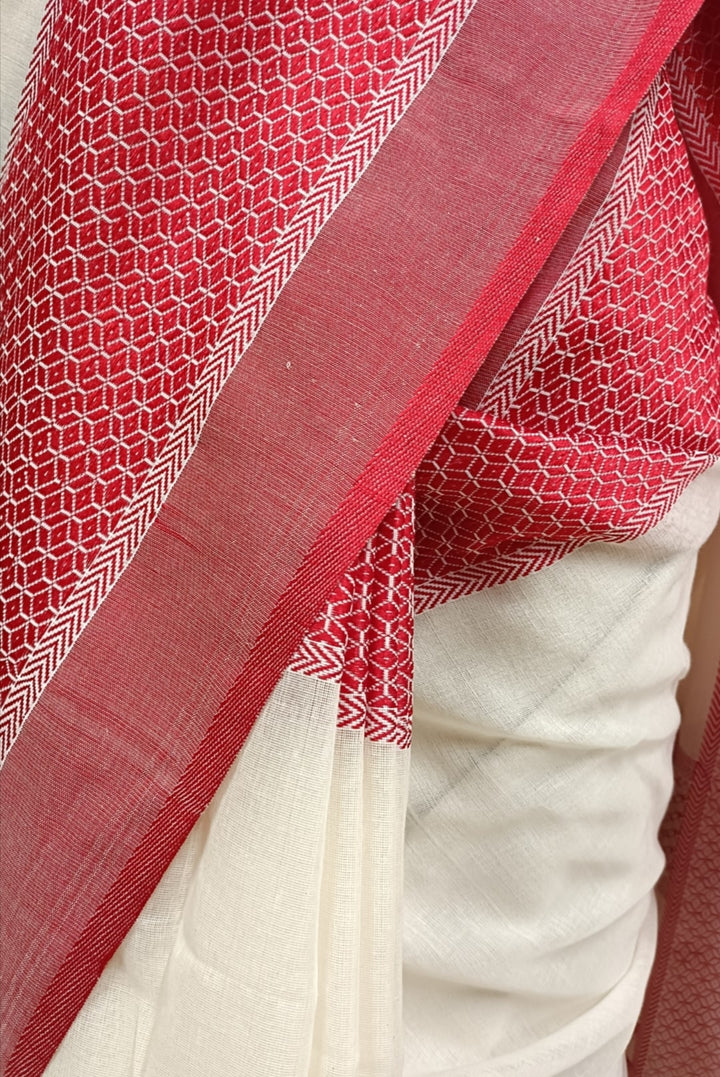 Off-White & Red Traditional Handloom Soft Cotton Saree Balaram Saha