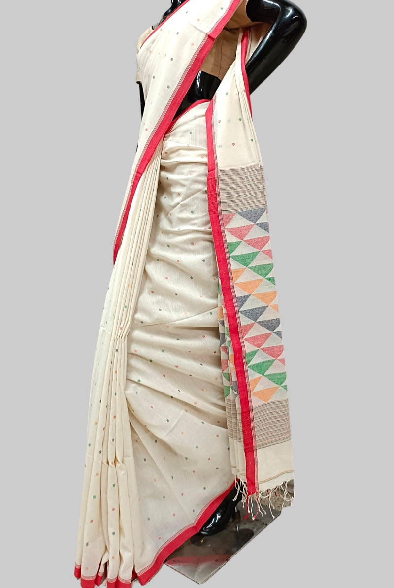 Off-White & Red Handspun handwoven Cotton Jamdani saree Balaram Saha
