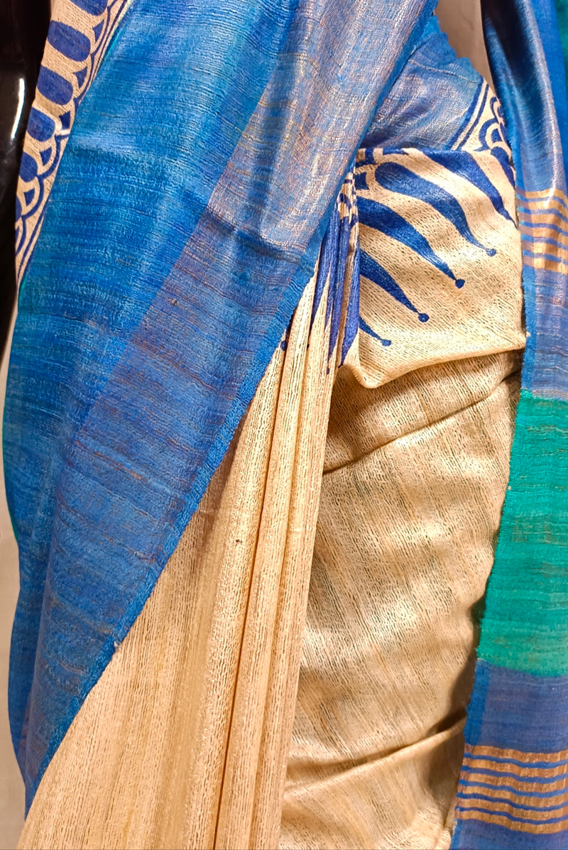 Off-White & Blue Printed Ghicha Tussar Silk Saree Balaram Saha