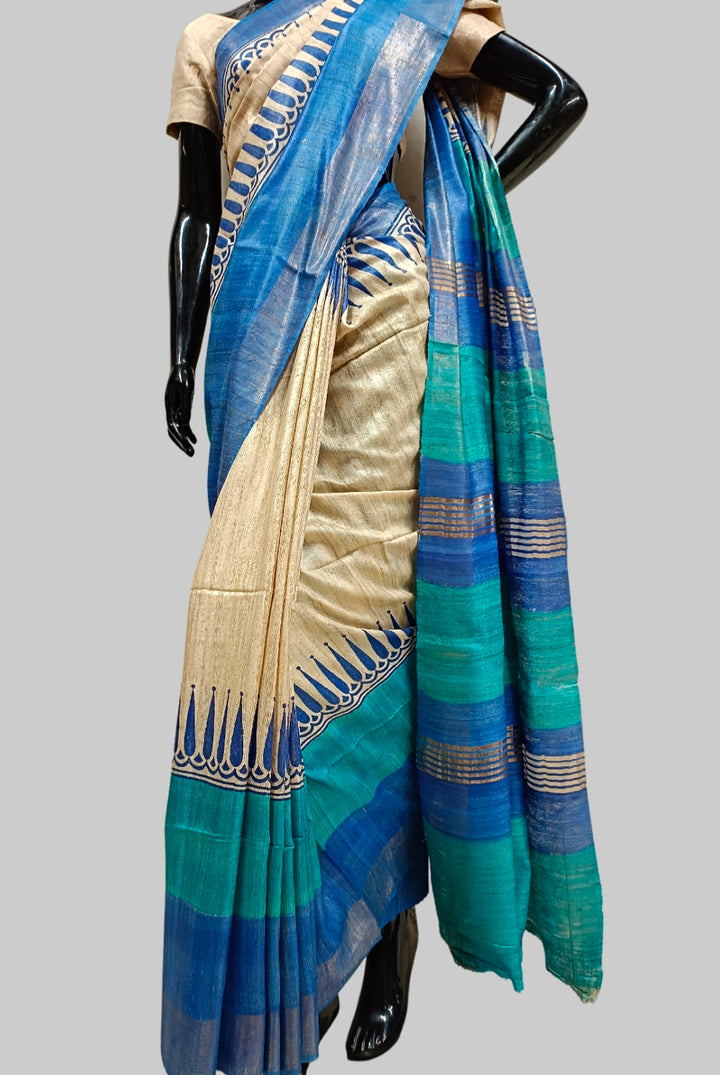 Off-White & Blue Printed Ghicha Tussar Silk Saree Balaram Saha